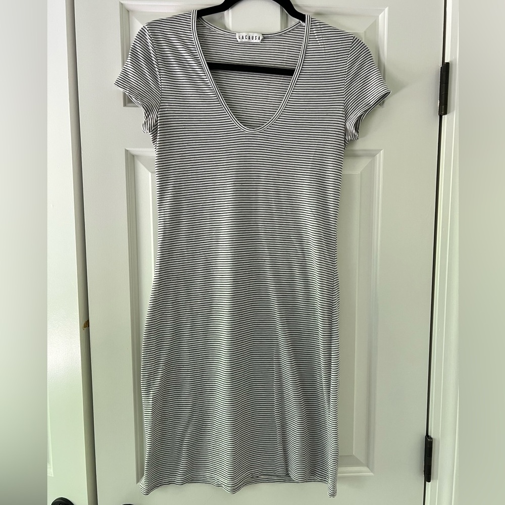 LACAUSA Black and White Striped V-Neck Dress